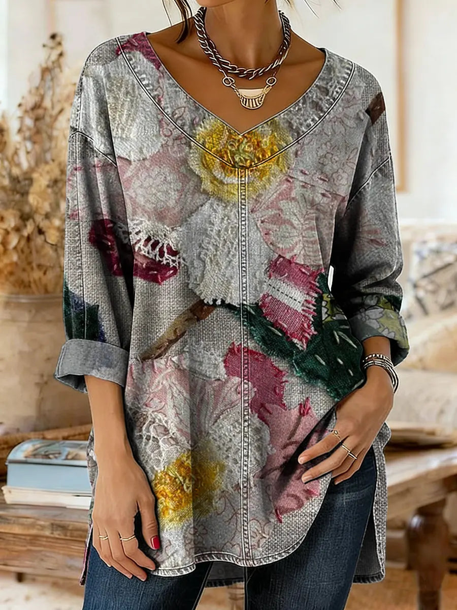 Women's Vintage Textured Floral Art Print Casual Washed Denim Cotton Top