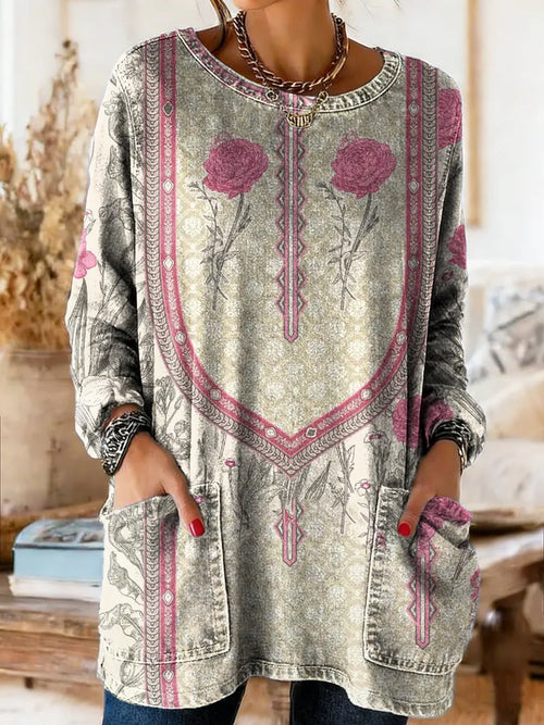 Women's Vintage Ethnic Floral Art Print Casual Long-sleeve Crew Neck Pocket Cotton Denim T-shirt