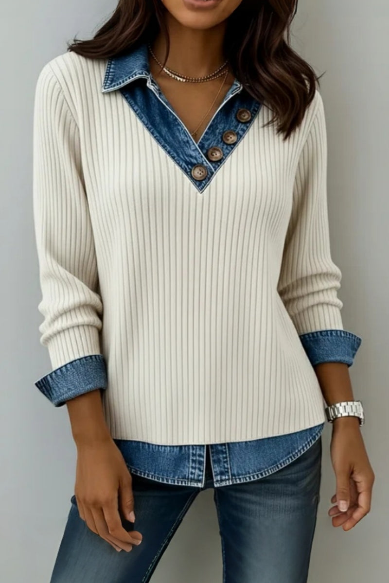 Women's Casual Patchwork Denim Shirt Collar Button Long Sleeve Knit Blouse