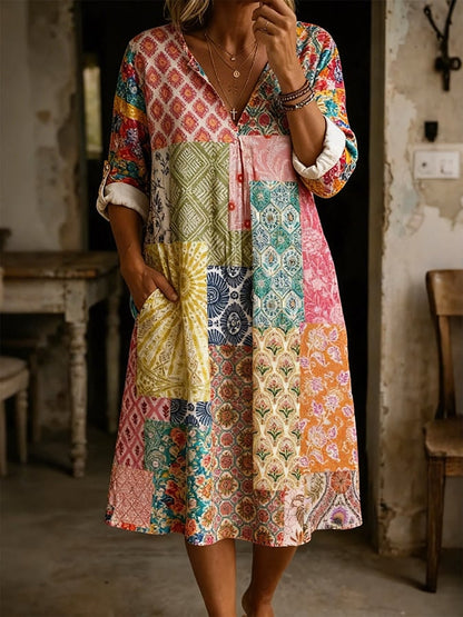 Women's Casual V-Neck Color-Block Printed Cotton-Linen Dress