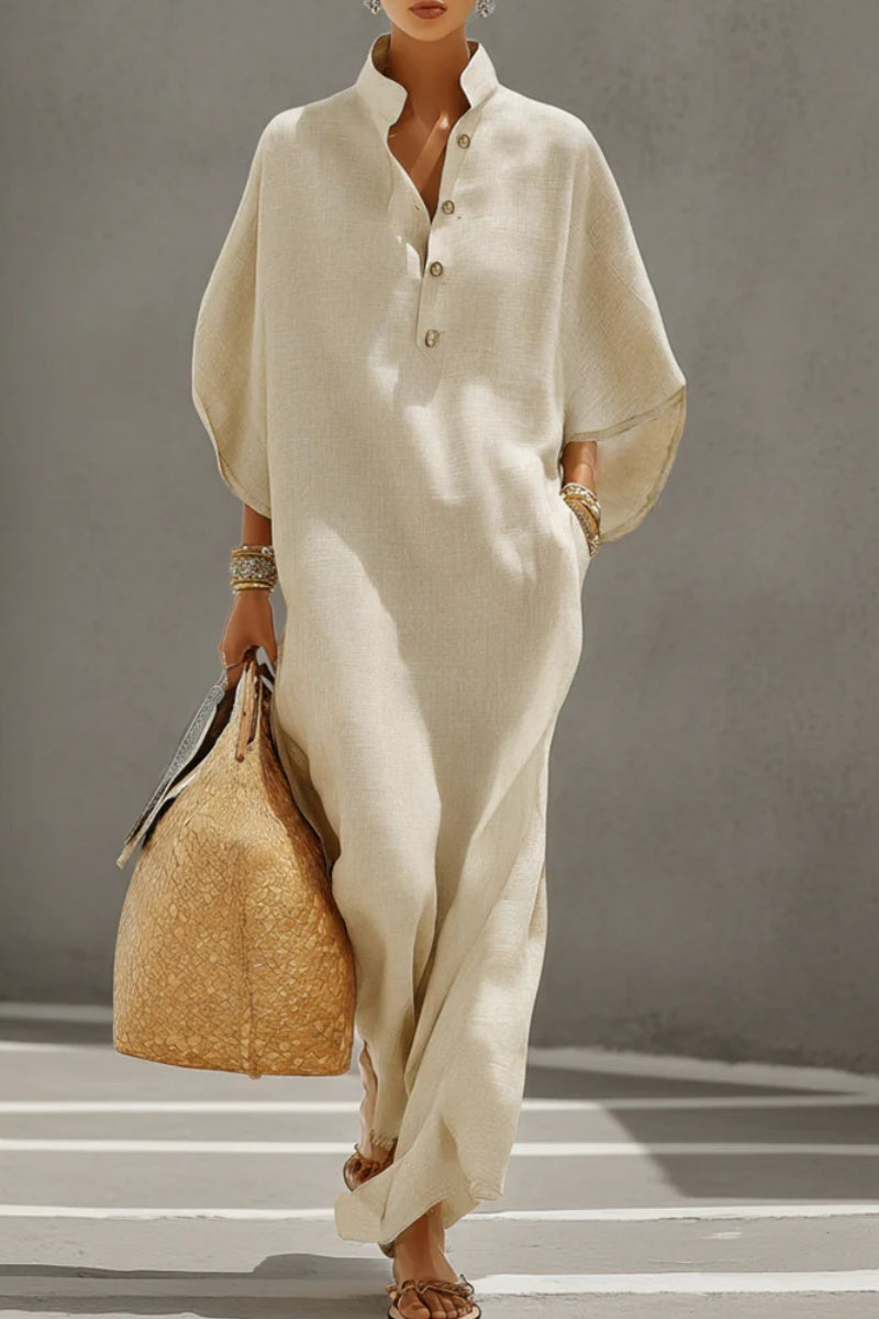 Women's Oatmeal Linen Dress With Mandarin Collar & Dolman Sleeves, Timeless Resort-Casual Style Dress