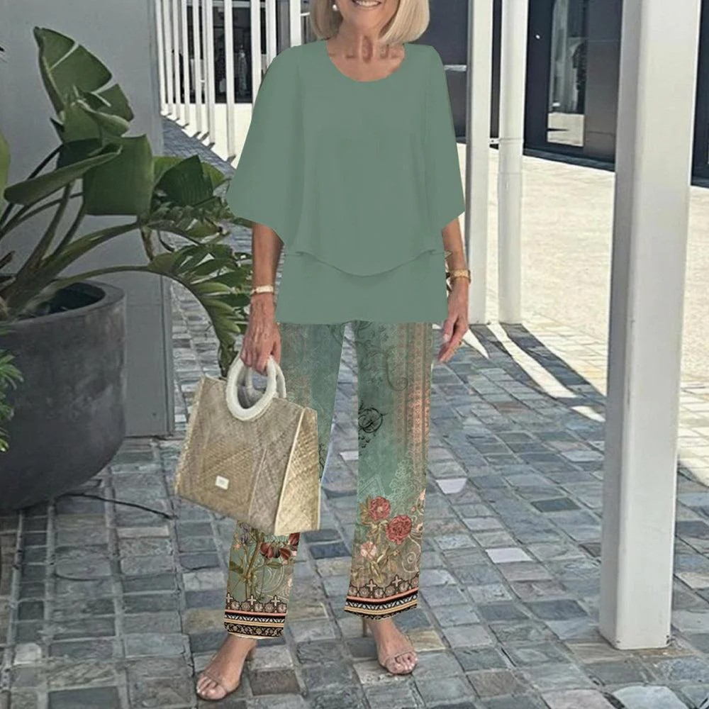 Women's Round Neck Mid-Sleeve Top With Floral Print Pants Set Two-Piece