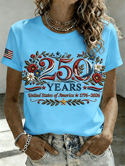 Women's 250 Years 1776-2026 USA Floral Embroidered T-shirt