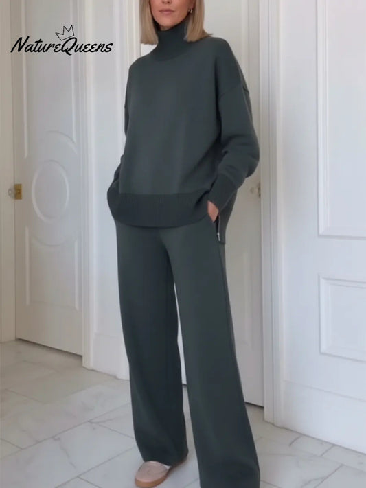 Casual Travel Stand Collar Side Zipper Top Straight Pants Two-Piece Set