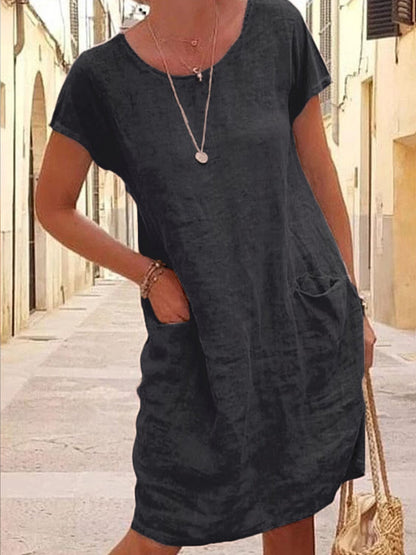 Loose Solid Color Pocket Short Sleeve round Neck Cotton and Linen Dress