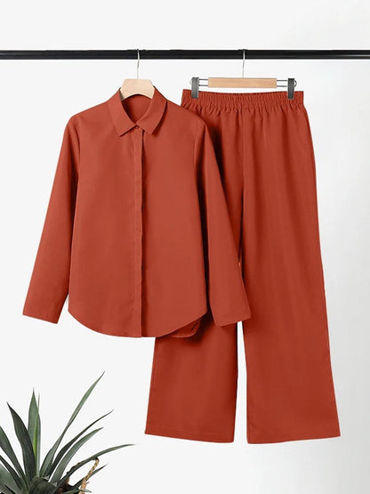 Women's Solid Color Casual Loose Long Sleeve Shirt Wide Leg Pants Two-piece Suit