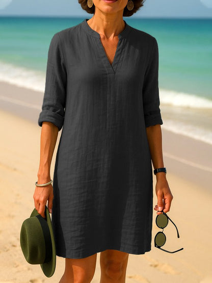 Women Plain Spring/Fall Dress V Neck Long Sleeve A-Line Dress