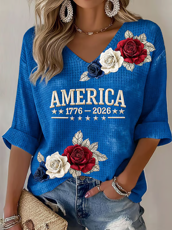 Ladies' American Flag Printed Casual Long Sleeve V-neck T-shirt