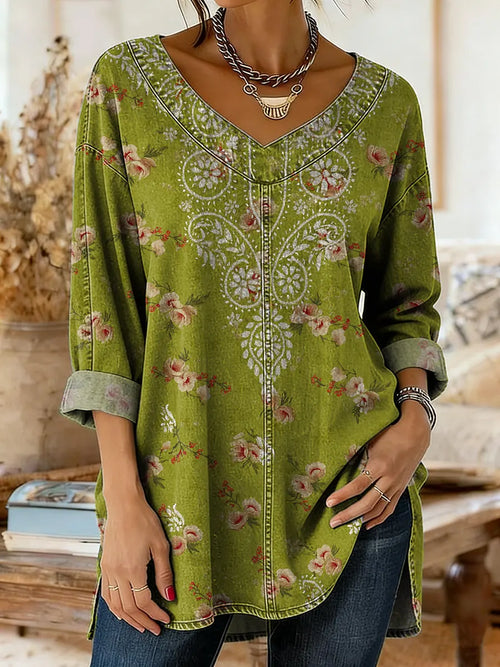 Ethnicity Totem Flowers Women's Art Print Casual Washed Denim Cotton Top