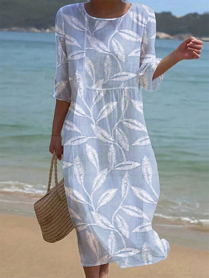 Women's Casual Solid Color Round Neck Mid Sleeve Print Cotton and Linen Dress