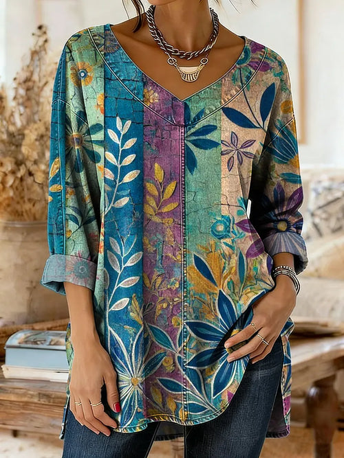 Women's Colorful Floral Art Print Casual Washed Denim Cotton Top