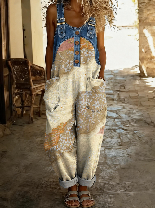 Women's Retro Art Print Casual Denim Patchwork Jumpsuit