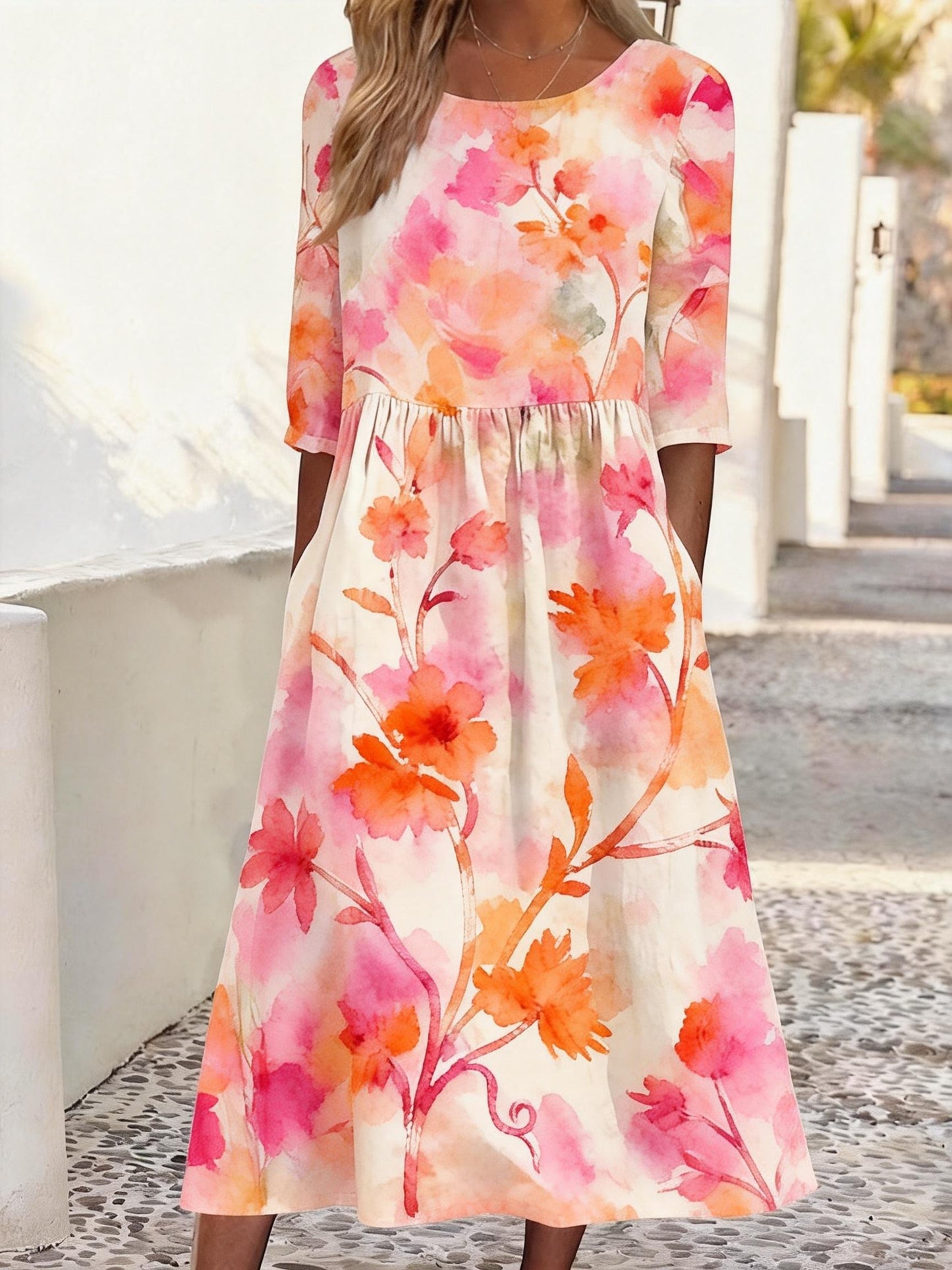 Women's Casual Round Neck Half Sleeve Contrast Print Dress