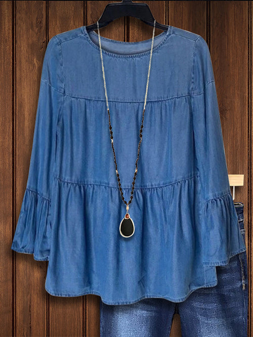 Denim Ruffle Sleeve Layered Blouse