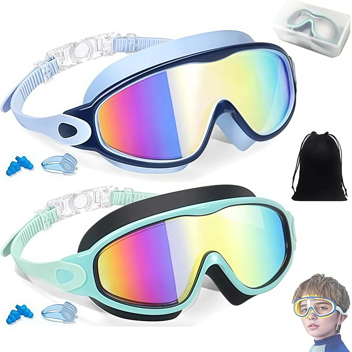 2 Pack Kids Swim Goggles for 3-15+ UV Protection Anti-Fog High Definition Waterproof Adjustable Goggles for Boys and Girls - Safety anti-uv swimming goggles swim glass anti-fog with Earplugs & Nose Clip,for Lake,Beach, Summer Party