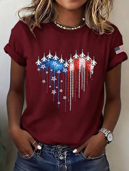Women's casual round neck Patriot printed T-shirt