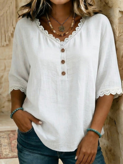 Casual & Cozy Lace-paneled Cotton-linen Shirt