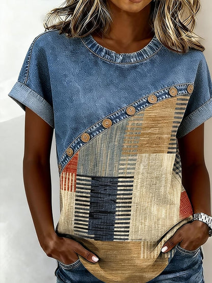 Women's Casual Color-Blocked Print Denim Patchwork Top