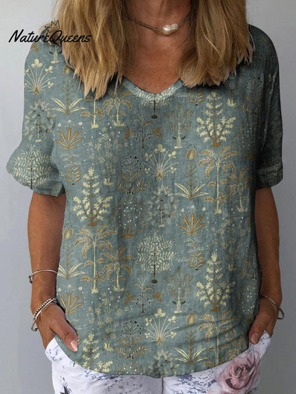 Woodland Vegetation Pattern Printed Women's Casual Cotton And Linen Shirt