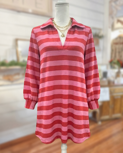 Striped V Neck Pocket Casual Midi Dress