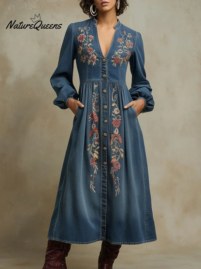 Women's Vintage Floral Denim Cotton Dress