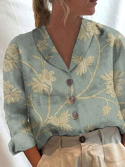 Women's Vintage Floral Art Print Casual Cotton Linen Shirt