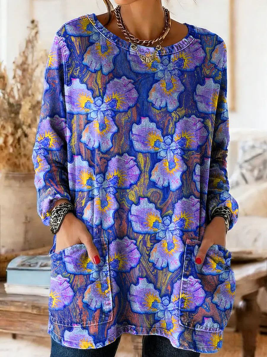 Women's Floral Art Print Casual Long-sleeve Crew Neck Pocket Cotton Denim T-shirt