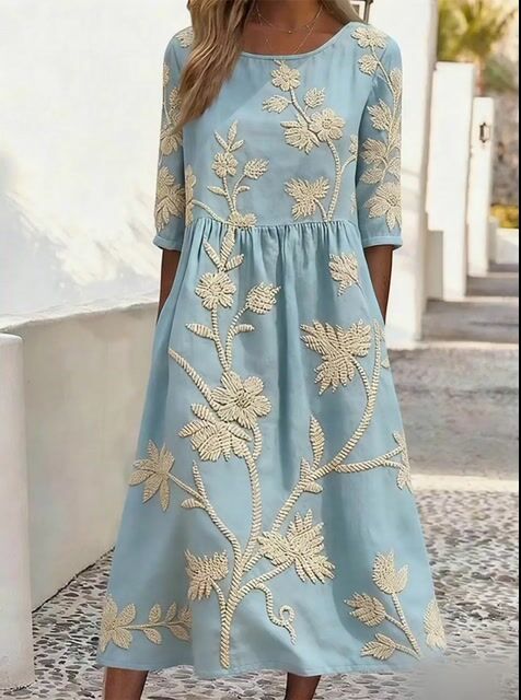 Women's Casual Round Neck Half Sleeve Contrast Print Dress