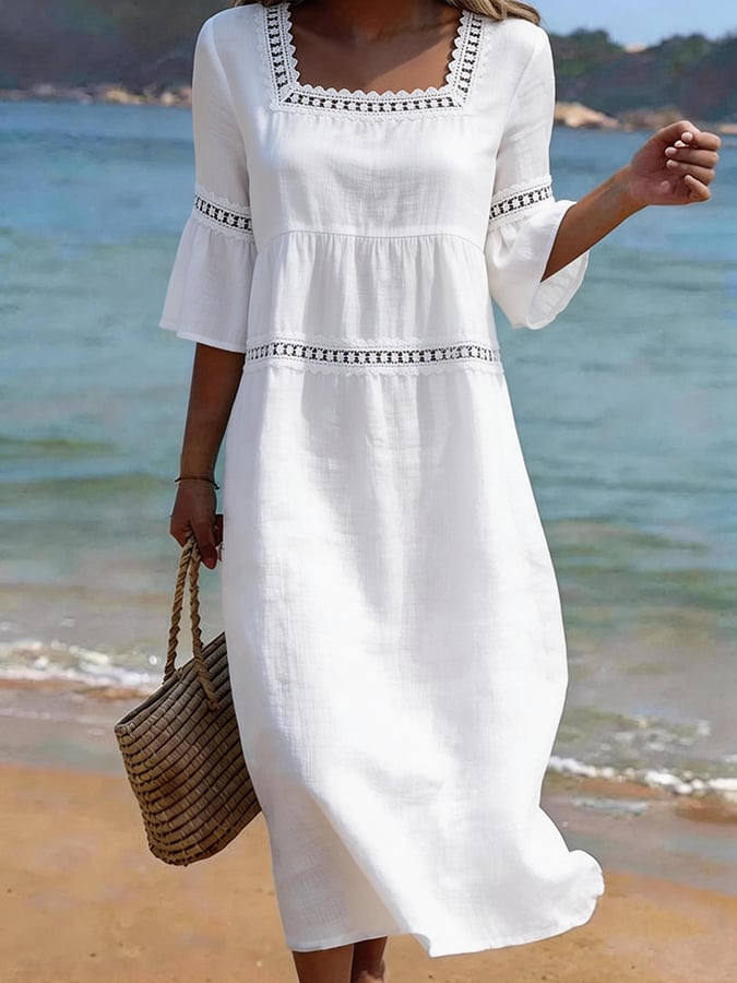 Women'S Casual Square Neck Lace Patchwork Dress