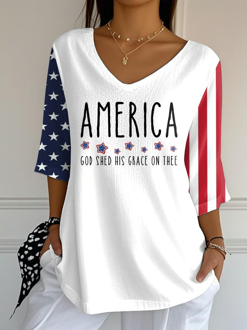 Ladies' Casual 250Th Anniversary Celebration Of The Founding Of The United States, Personalized Printed V-Neck Half Sleeved Top