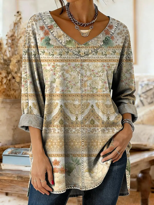 Women's Vintage Floral Print Artistic Washed Denim Cotton Shirt