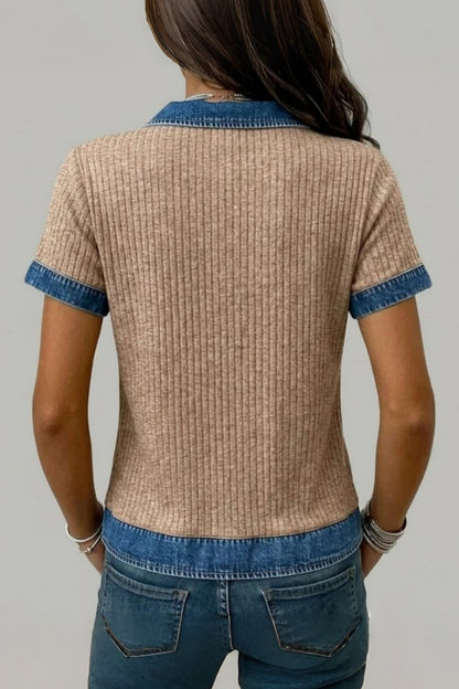 Women's Casual Ribbed Knit Patchwork Denim V Neck Long Sleeve Blouse