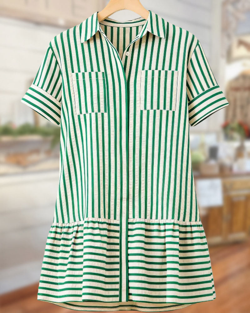 Striped Patchwork Feminine Button Up Mini Dress