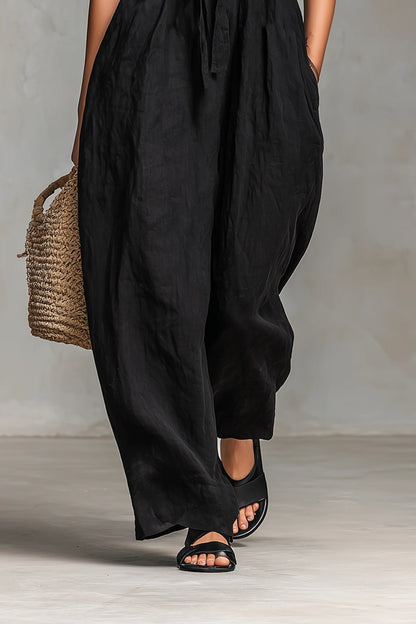 Women's Minimalist Loose-fitting Linen Blend Strapless Jumpsuit With Tie Closure
