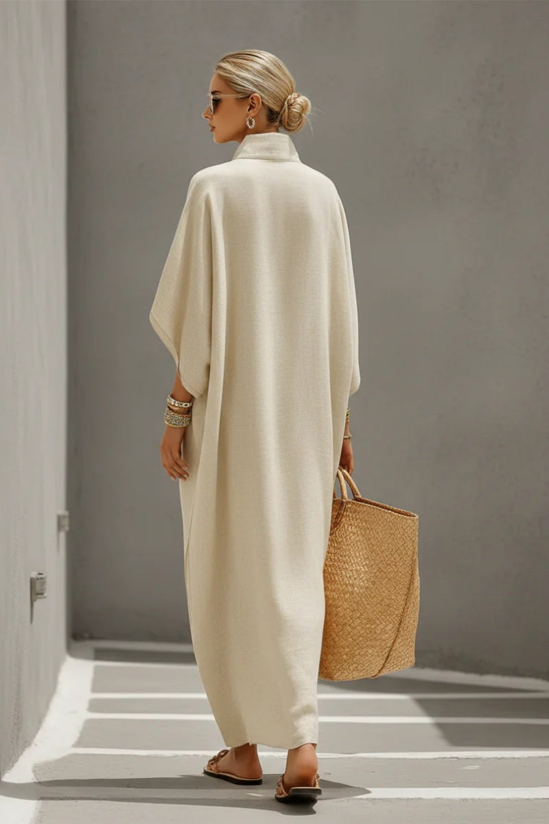 Women's Oatmeal Linen Dress With Mandarin Collar & Dolman Sleeves, Timeless Resort-Casual Style Dress