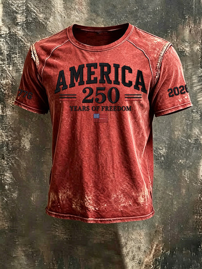 Men'S 250th Anniversary  Casual Washed Cotton And Linen Raglan Short Sleeved T-Shirt