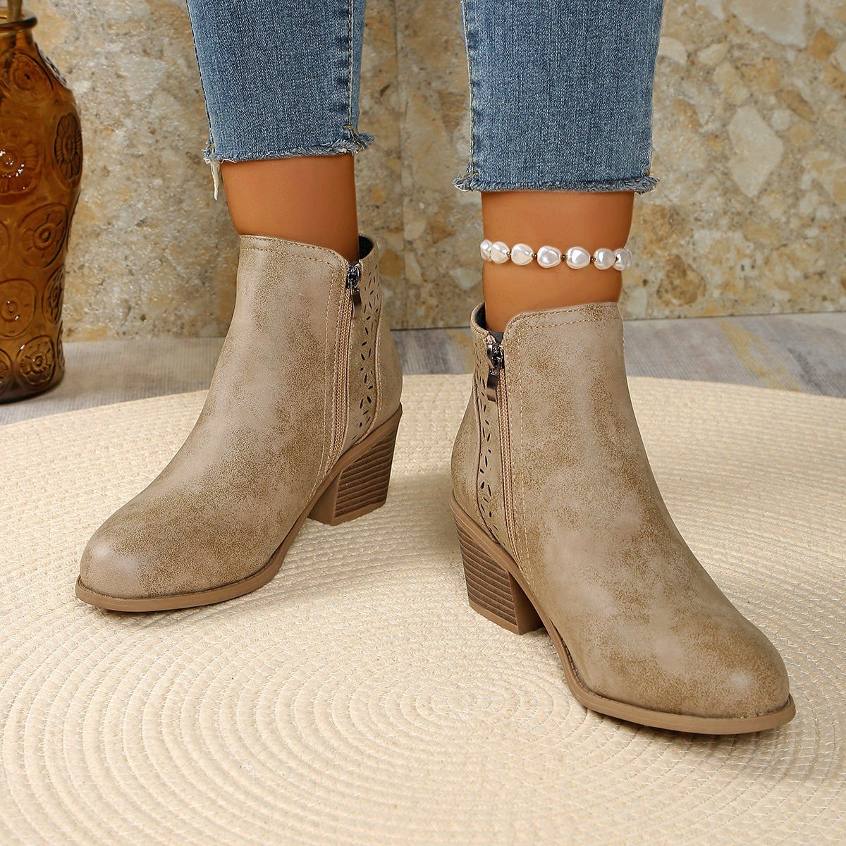 🔥 Women's Chunky Mid-Heel Slip-On Leather Orthopaedic Ankle Boots