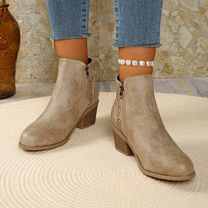🔥 Women's Chunky Mid-Heel Slip-On Leather Orthopaedic Ankle Boots