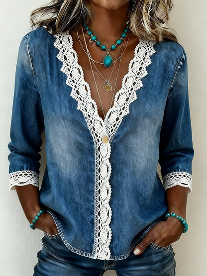 Women'S Casual V-Neck Lace Patch Denim Shirt