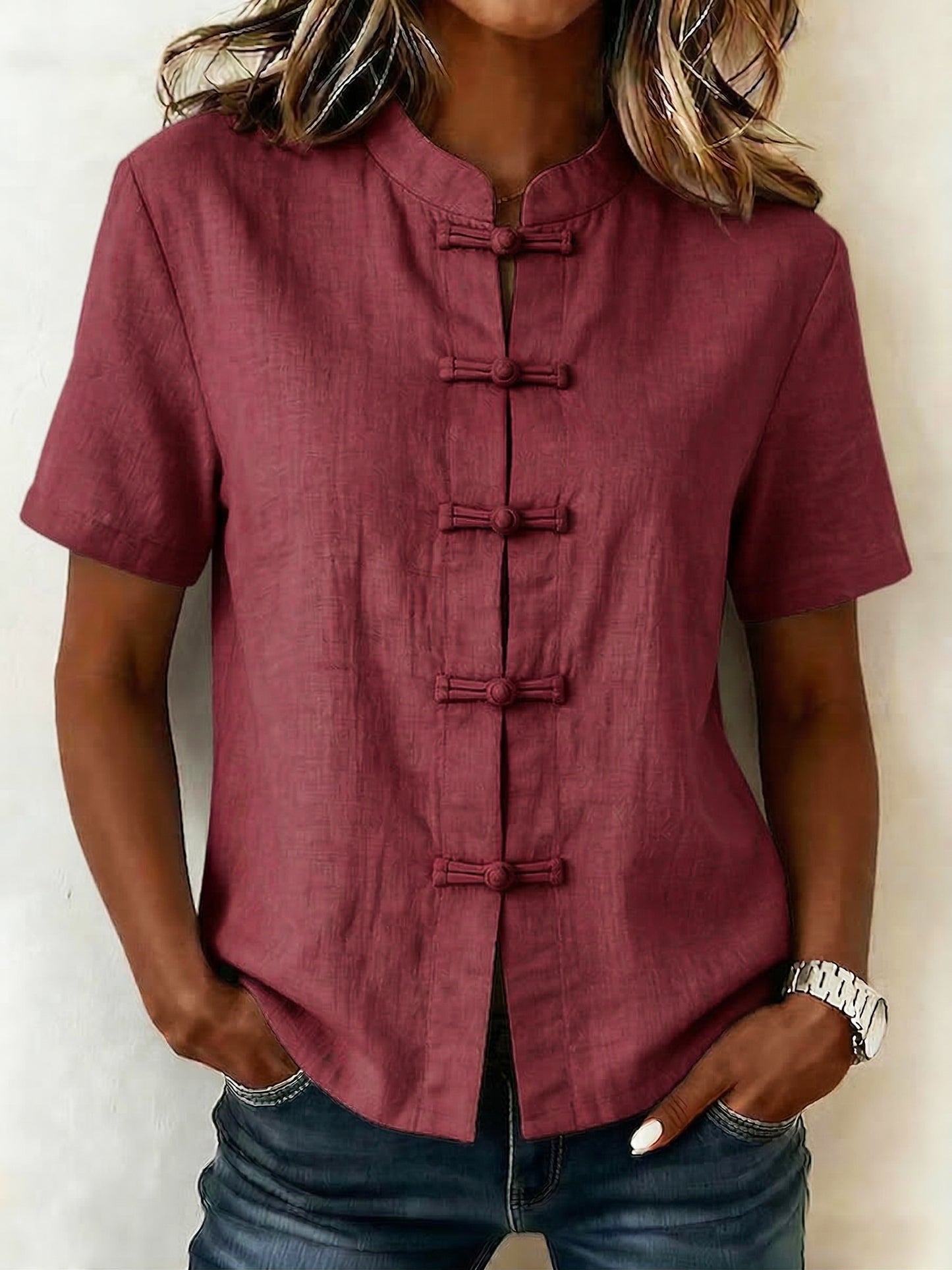 Casual Stand-up Collar Frog Buttons Cotton Linen Shirt