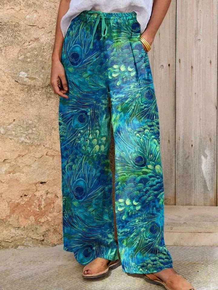 Women's Peacock Feather Pattern Art Print Casual Cotton Linen V-neck Shirt