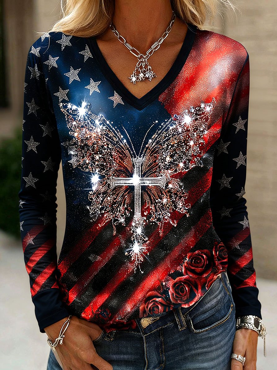 Women's 250th Anniversary of Faith in America V-neck Printed Long-Sleeve T-Shirt
