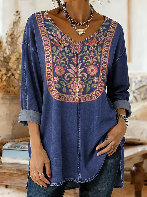 Ethnicity Geometry Totem Flowers Women's Art Print Casual Washed Denim Cotton Top
