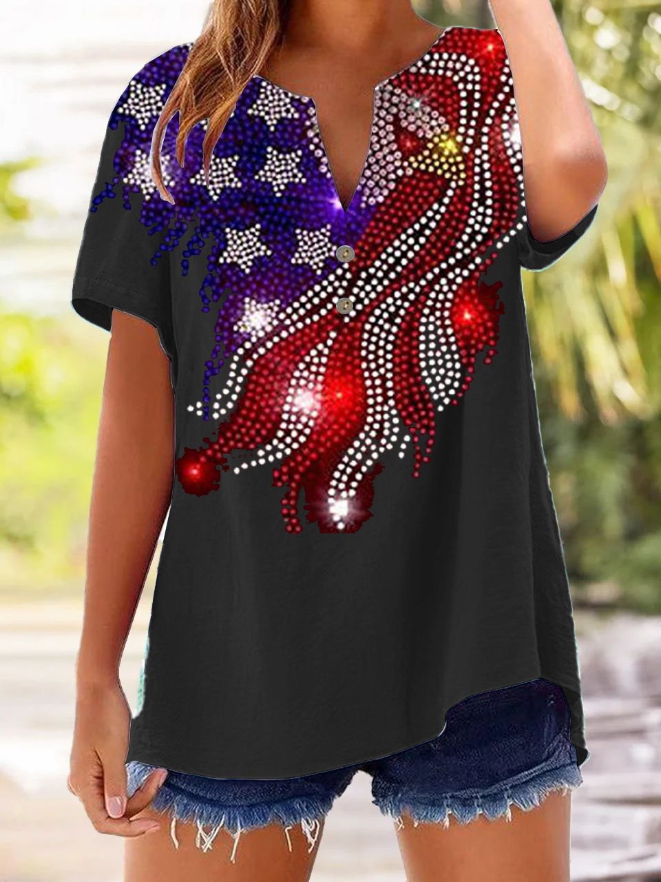 Women's Casual Independence Day Star Print Cotton and Linen Shirt