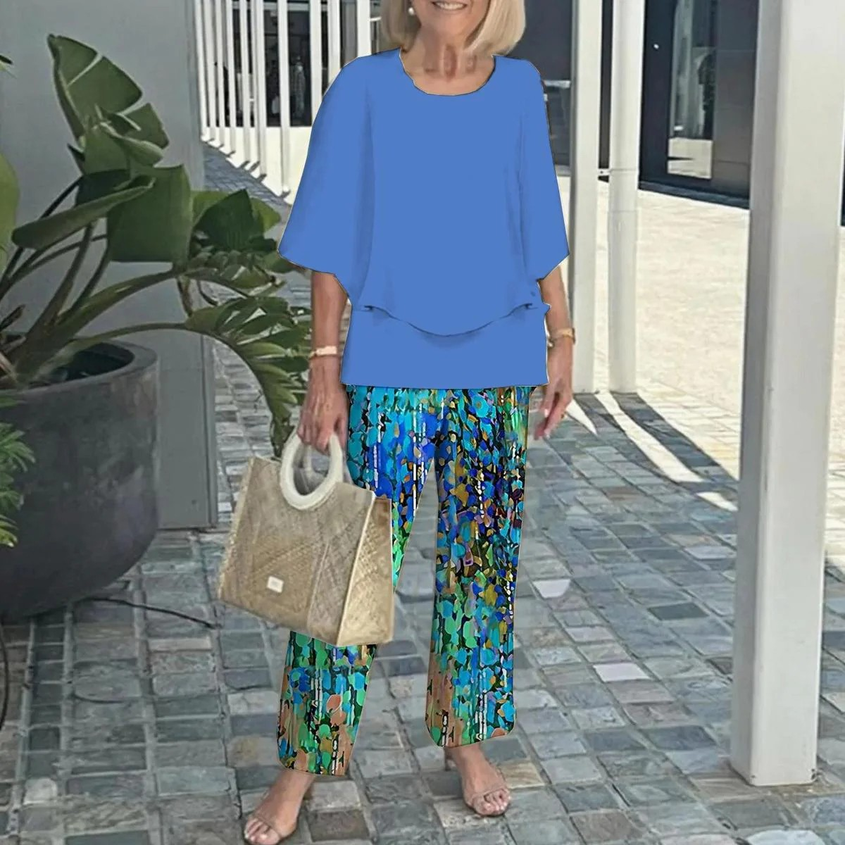 Women's Round Neck Mid-Sleeve Top With Floral Print Pants Set Two-Piece