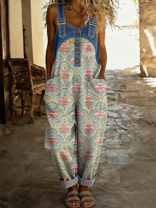 Women's Retro Floral Art Print Casual Denim Patchwork Jumpsuit