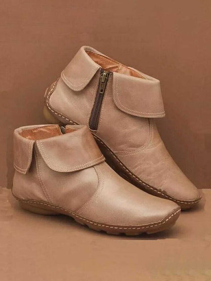 Women Hemmed Zip Casual Plain Round Toe Short Boots With Flat Heel