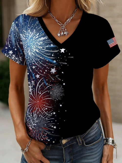 Women's American 250th Anniversary Print Casual V-Neck Top