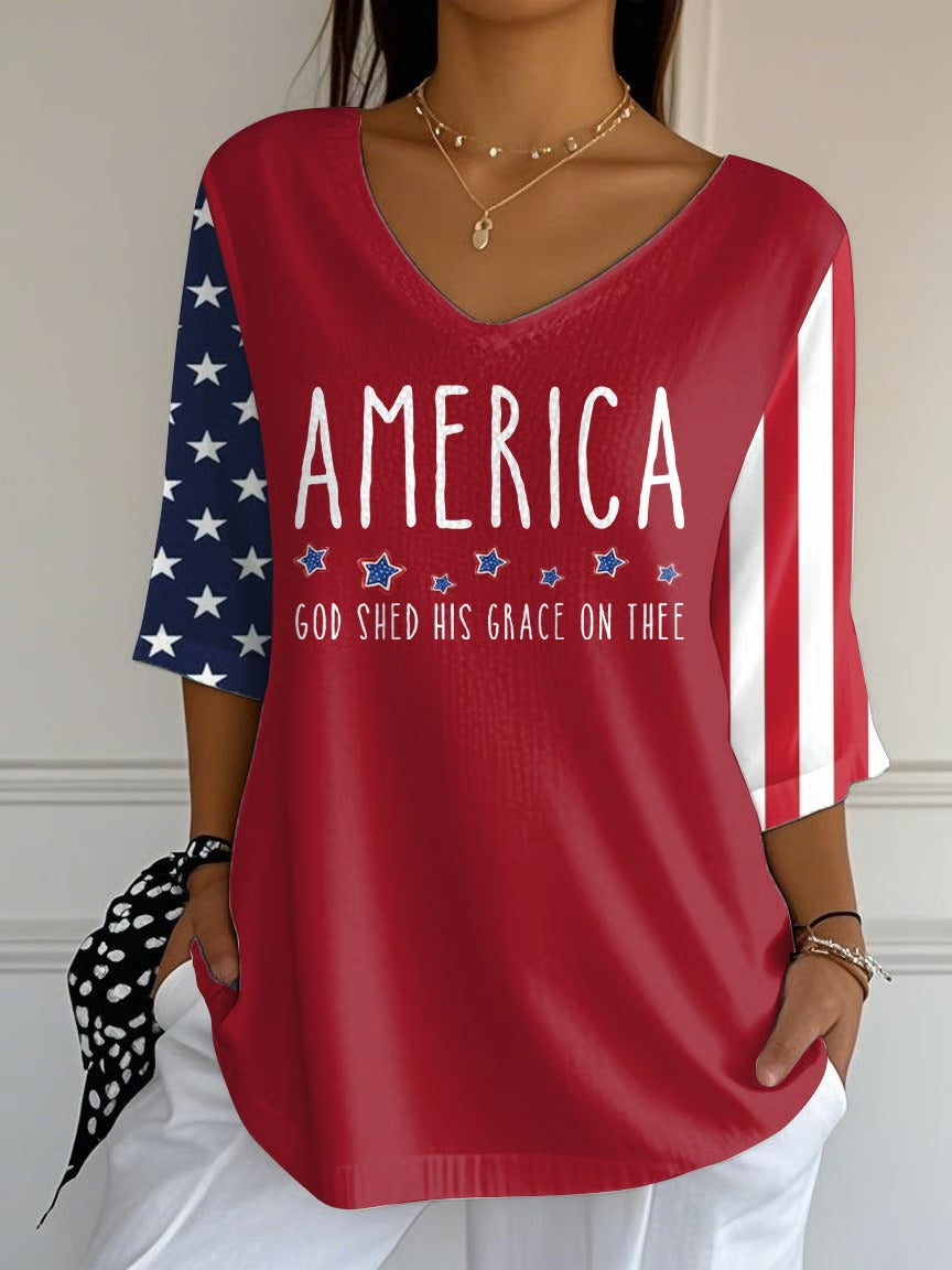 Ladies' Casual 250Th Anniversary Celebration Of The Founding Of The United States, Personalized Printed V-Neck Half Sleeved Top