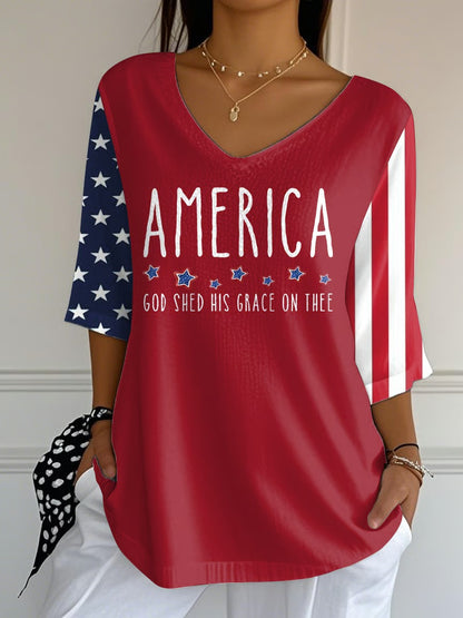 Ladies' Casual 250Th Anniversary Celebration Of The Founding Of The United States, Personalized Printed V-Neck Half Sleeved Top